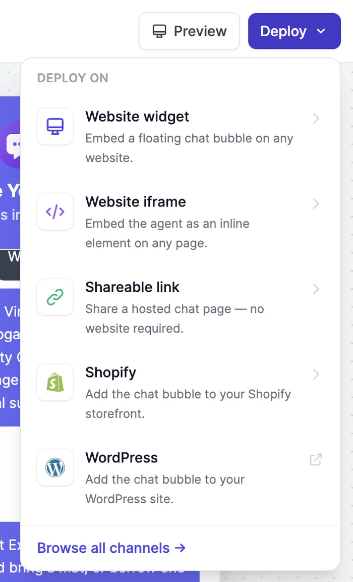 The Deploy menu: Website widget, Website iframe, Shareable link, Shopify, WordPress, and Browse all channels