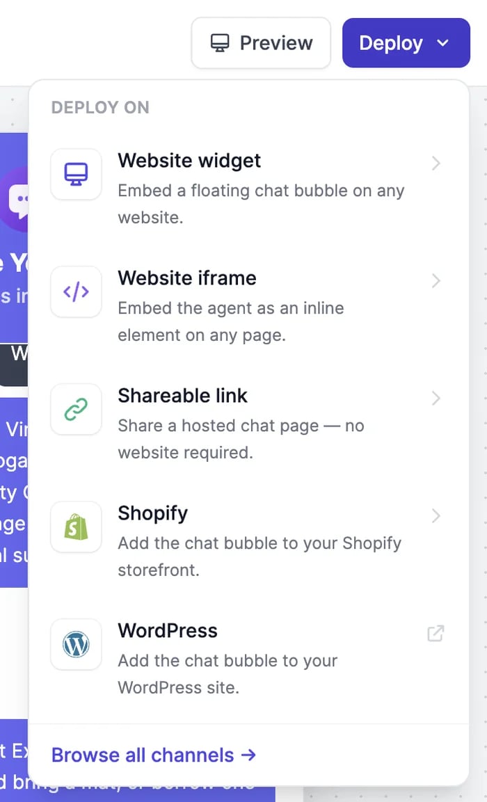 The Deploy menu: Website widget, Website iframe, Shareable link, Shopify, WordPress, and Browse all channels