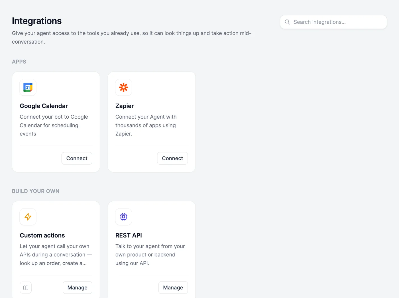 Integrations: Apps with Google Calendar and Zapier, and Build your own with Custom actions and REST API