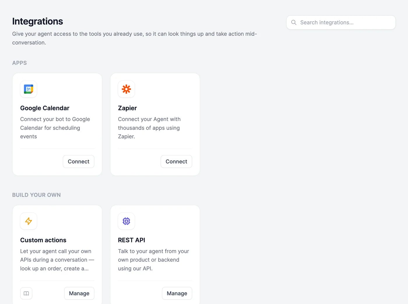 Integrations: Apps with Google Calendar and Zapier, and Build your own with Custom actions and REST API