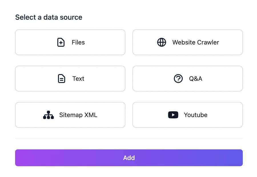 Select a data source: Files, Website Crawler, Text, Q&A, Sitemap XML, and Youtube