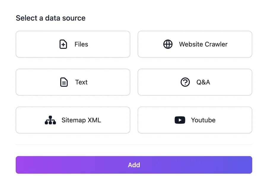 Select a data source: Files, Website Crawler, Text, Q&A, Sitemap XML, and Youtube
