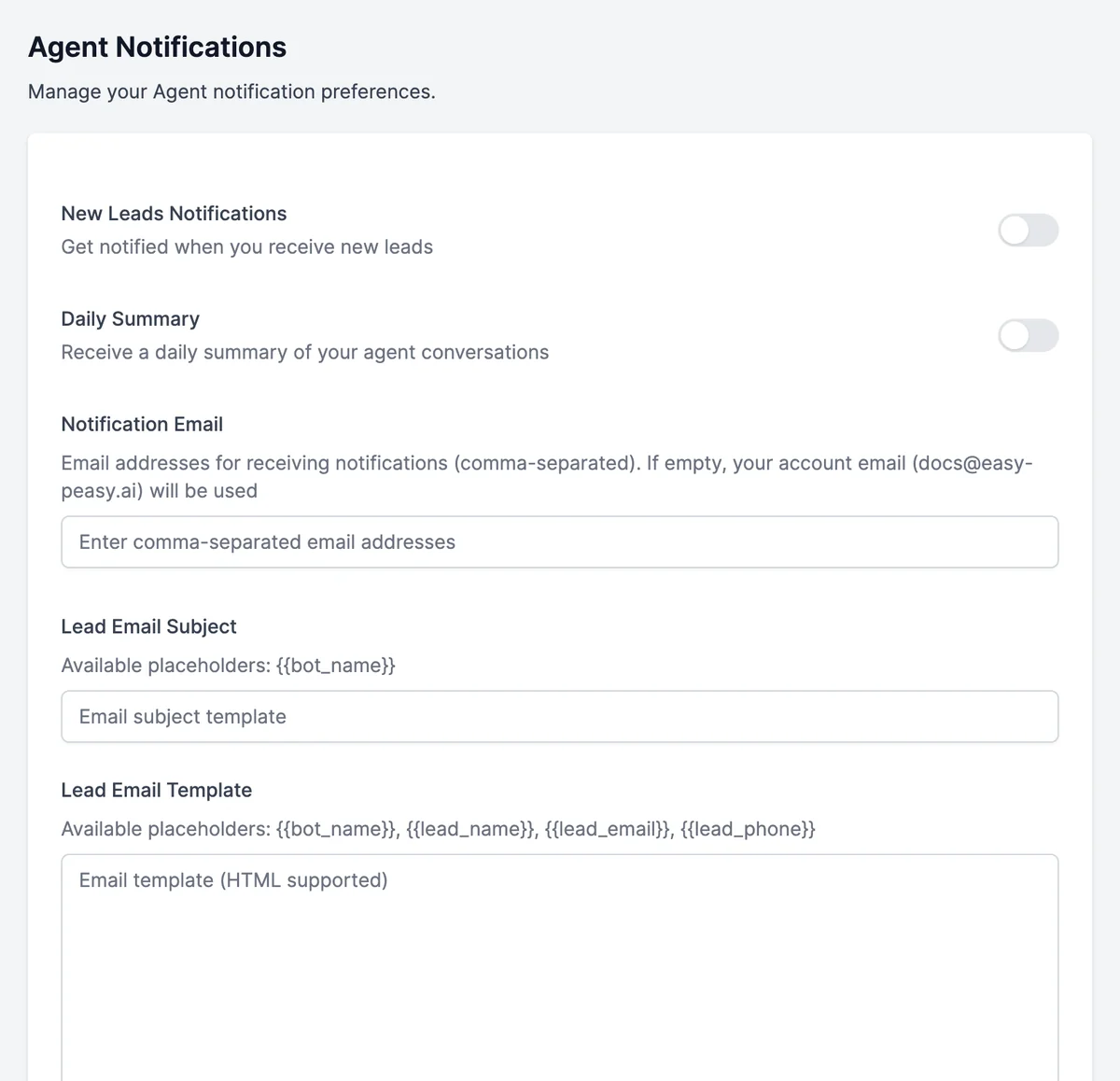 Agent Notifications: New Leads Notifications and Daily Summary switches, Notification Email, Lead Email Subject, and Lead Email Template