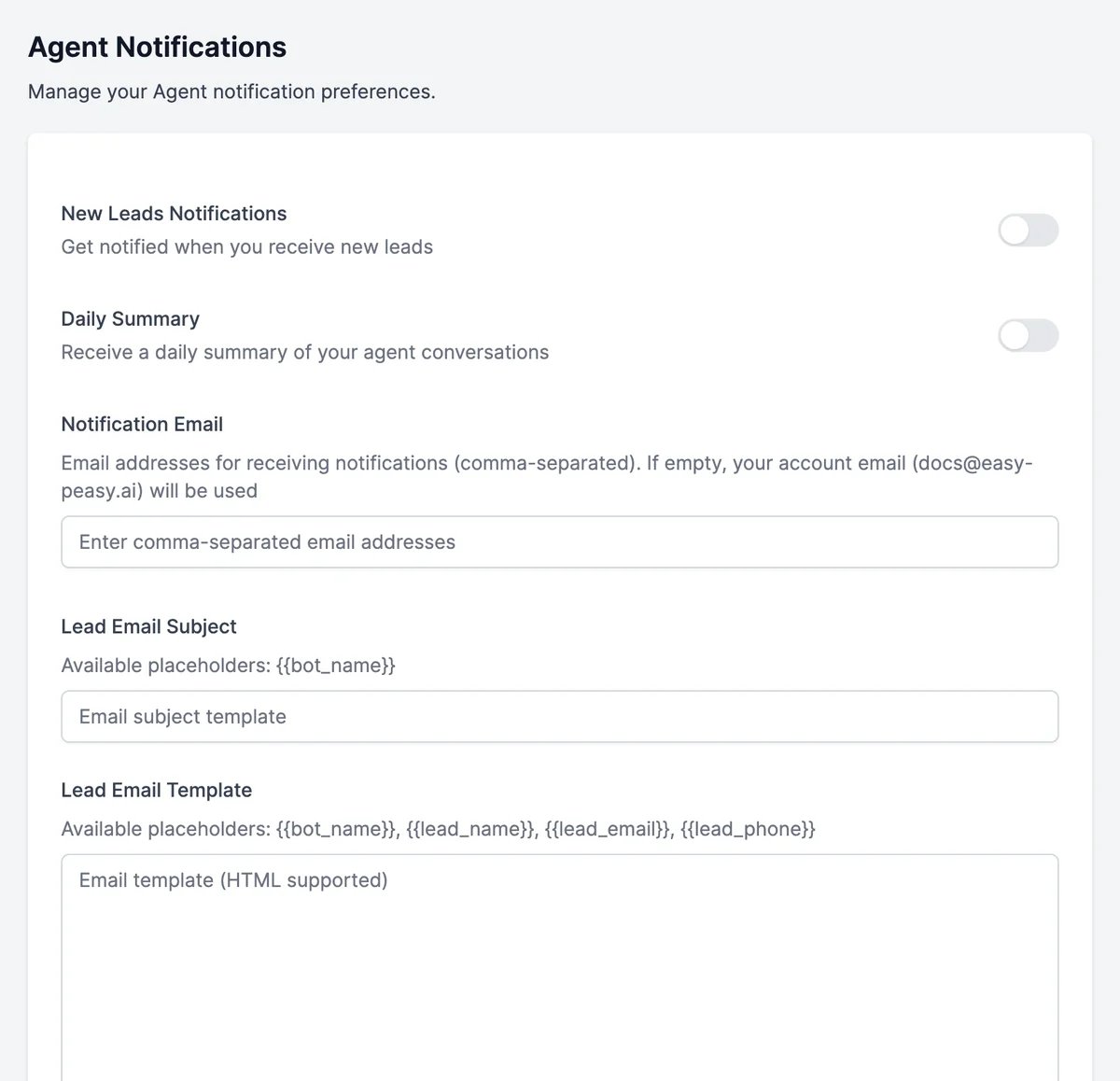 Agent Notifications: New Leads Notifications and Daily Summary switches, Notification Email, Lead Email Subject, and Lead Email Template