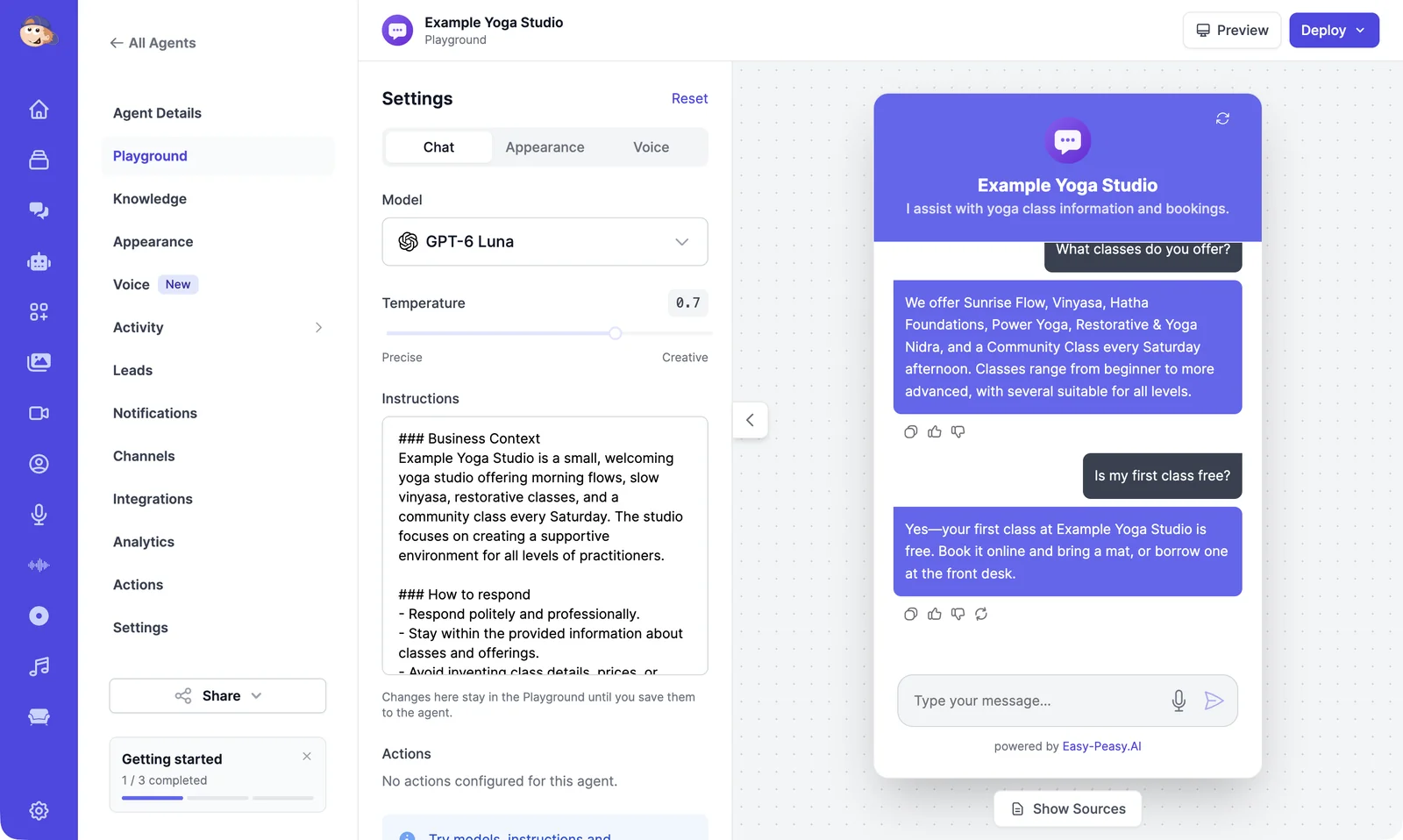 The Playground of an agent called Example Yoga Studio: the agent's menu on the left, settings with the model GPT-6 Luna, temperature, and instructions in the middle, and a chat on the right where the agent lists the studio's classes and confirms that the first class is free