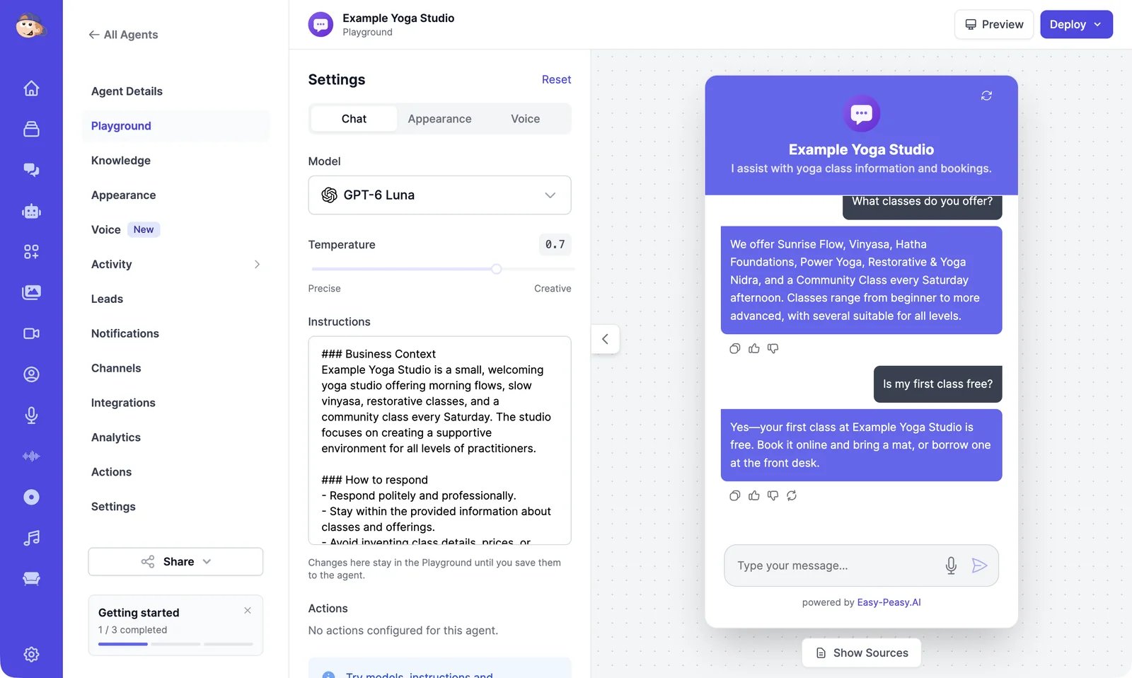 The Playground of an agent called Example Yoga Studio: the agent's menu on the left, settings with the model GPT-6 Luna, temperature, and instructions in the middle, and a chat on the right where the agent lists the studio's classes and confirms that the first class is free