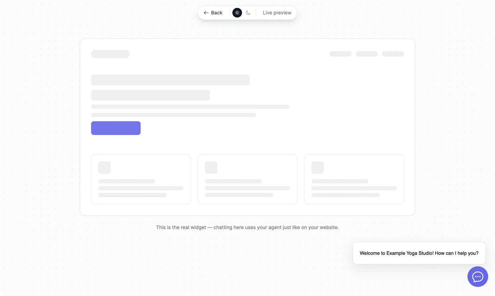 A sample web page with the agent's chat bubble at the bottom right and its greeting, Welcome to Example Yoga Studio! How can I help you?, next to it