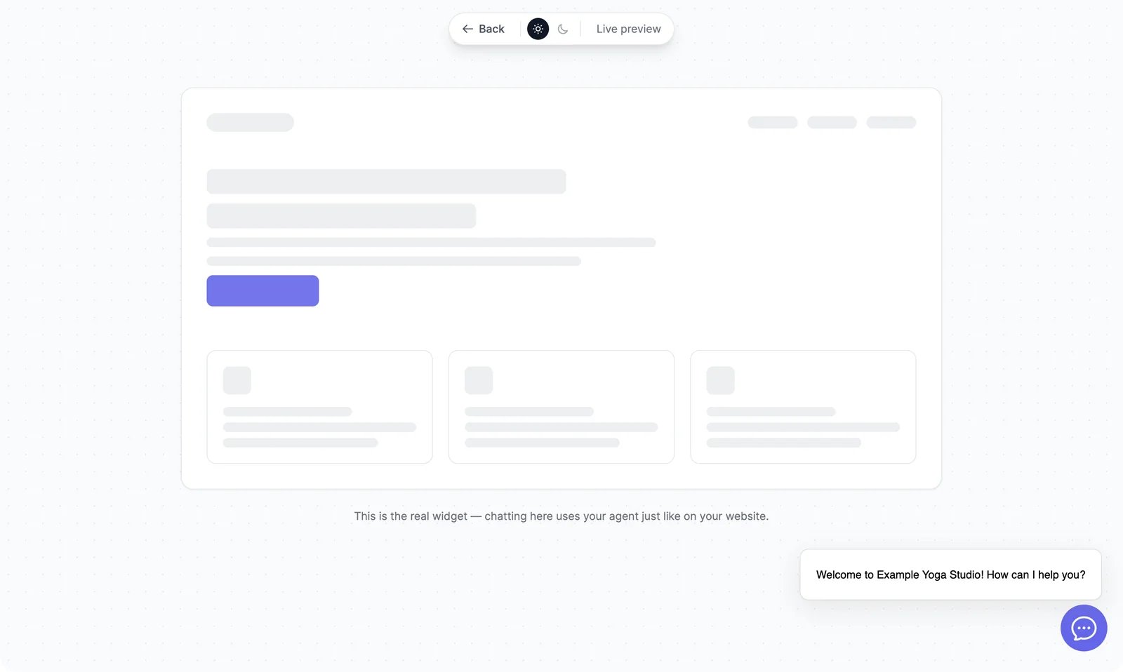 A sample web page with the agent's chat bubble at the bottom right and its greeting, Welcome to Example Yoga Studio! How can I help you?, next to it