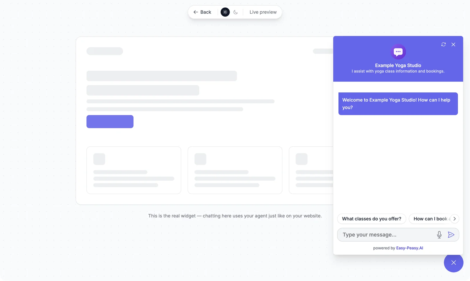The Preview page: a sample web page with the agent's chat open on the right, showing the greeting and suggested messages