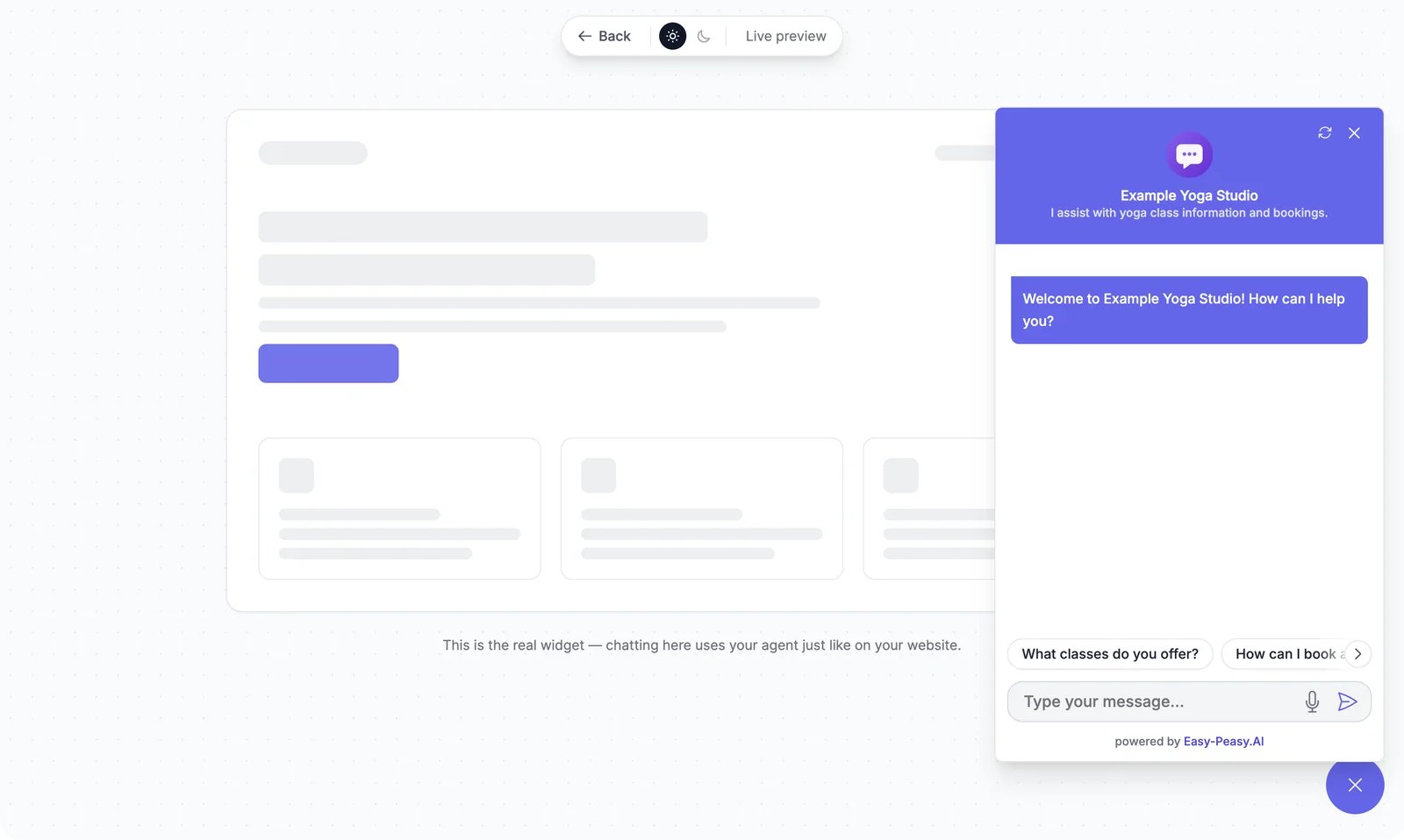 The Preview page: a sample web page with the agent's chat open on the right, showing the greeting and suggested messages