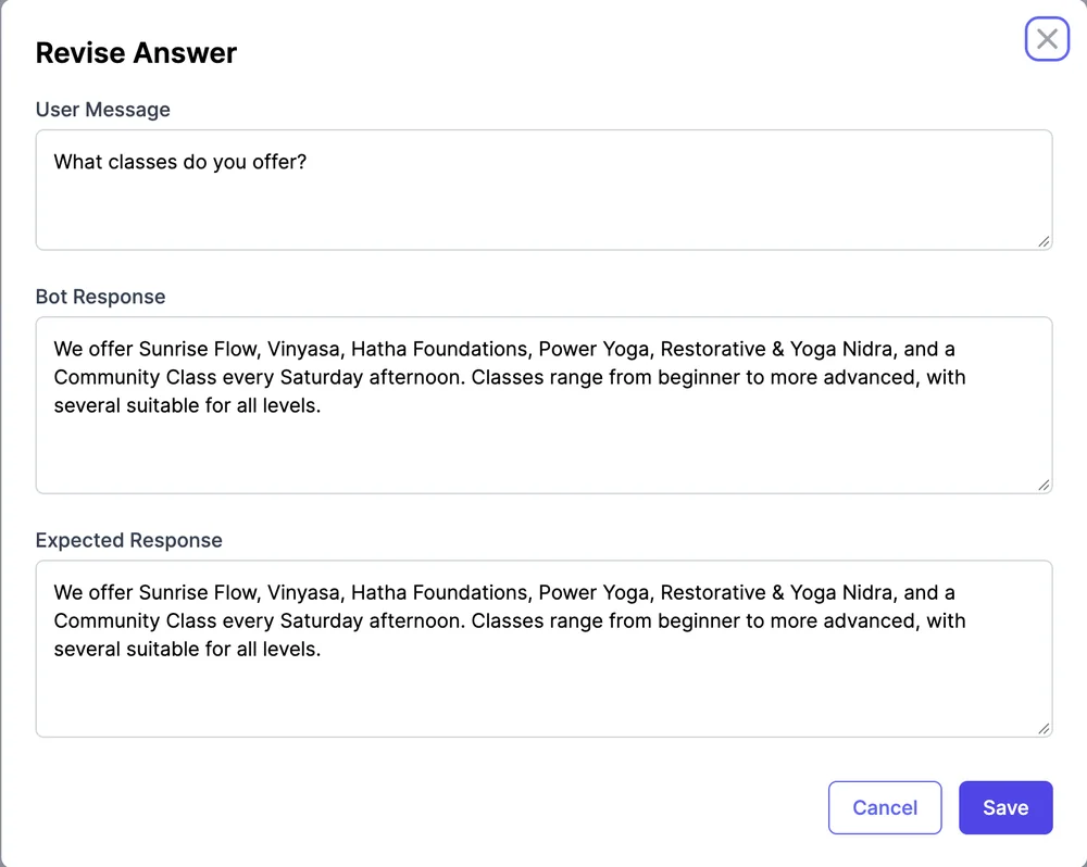 The Revise Answer window with the User Message What classes do you offer?, the agent's response, and an Expected Response to edit