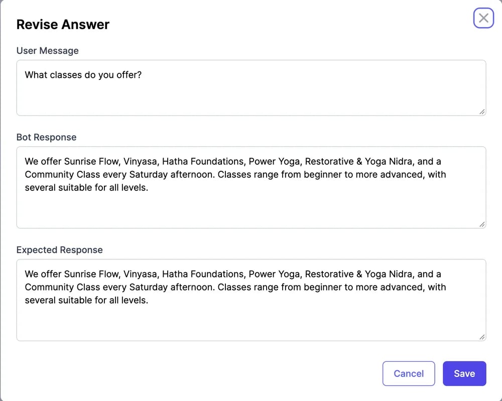 The Revise Answer window with the User Message What classes do you offer?, the agent's response, and an Expected Response to edit