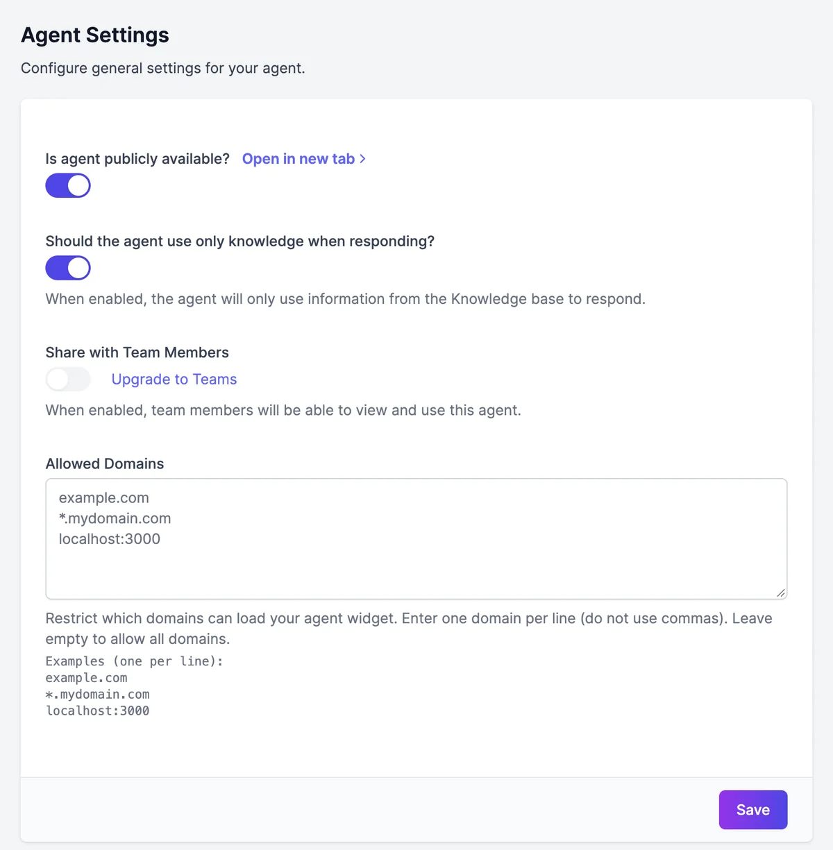 Agent Settings with Is agent publicly available? on, Should the agent use only knowledge when responding? on, Share with Team Members with an Upgrade to Teams link, and Allowed Domains with example entries
