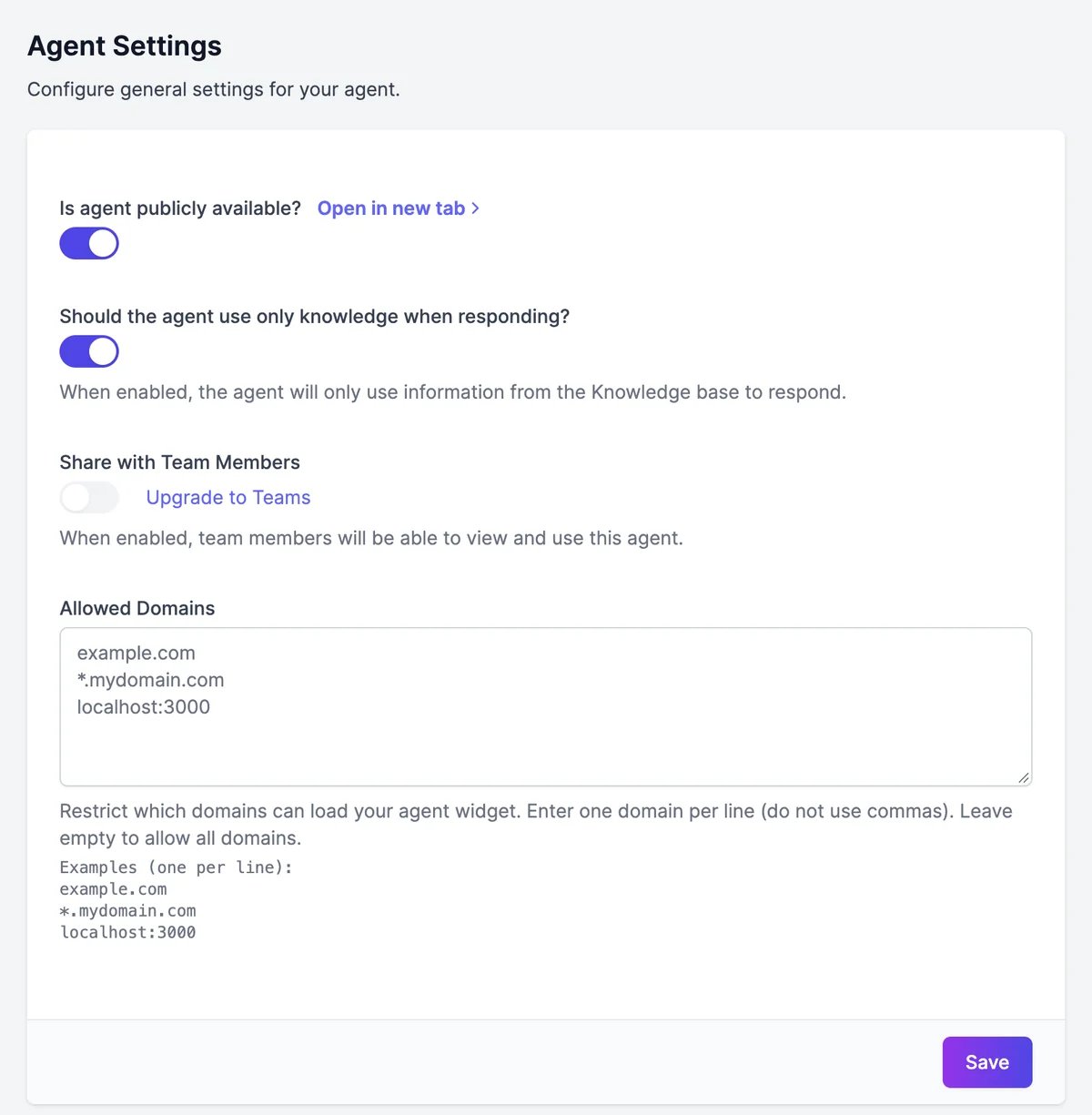 Agent Settings with Is agent publicly available? on, Should the agent use only knowledge when responding? on, Share with Team Members with an Upgrade to Teams link, and Allowed Domains with example entries