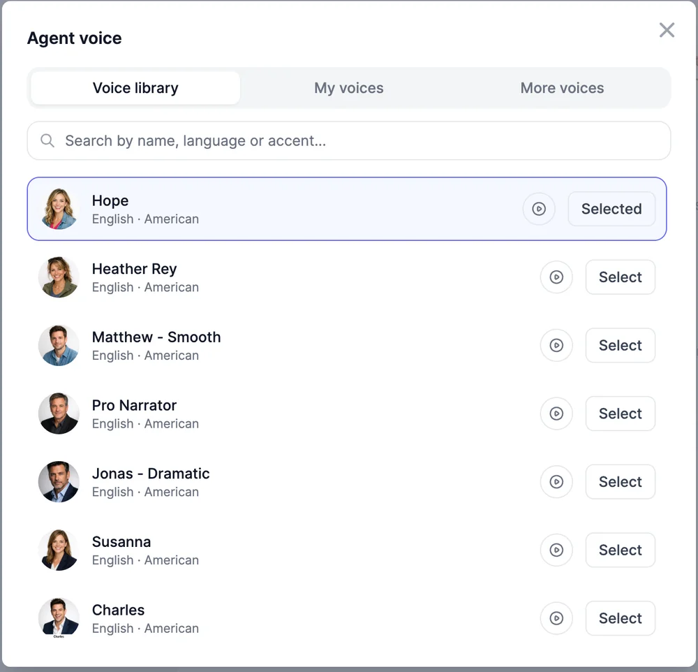 The Agent voice window with the tabs Voice library, My voices, and More voices, a search box, and voices such as Hope, Heather Rey, Matthew - Smooth, and Pro Narrator, each with a play button