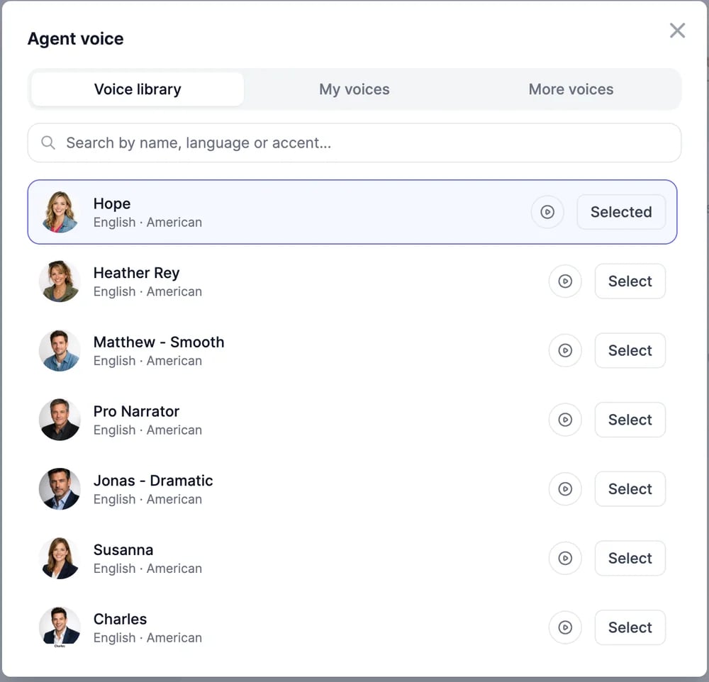 The Agent voice window with the tabs Voice library, My voices, and More voices, a search box, and voices such as Hope, Heather Rey, Matthew - Smooth, and Pro Narrator, each with a play button