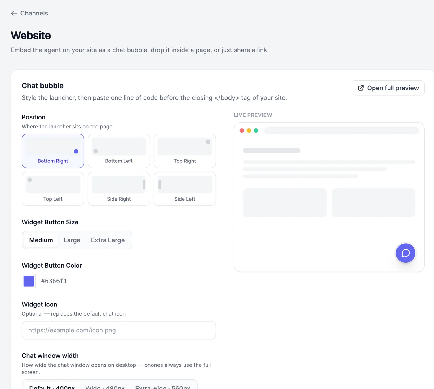 The Website page: Chat bubble with Position (Bottom Right selected), Widget Button Size, Widget Button Color #6366f1, Widget Icon, and a live preview of a page with the chat bubble at the bottom right