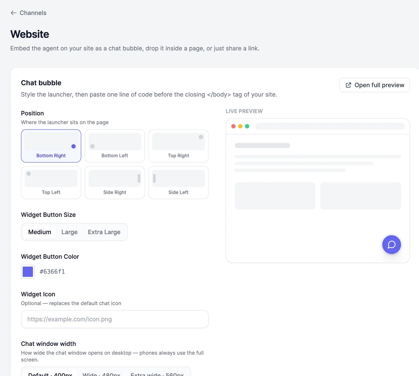 The Website page: Chat bubble with Position (Bottom Right selected), Widget Button Size, Widget Button Color #6366f1, Widget Icon, and a live preview of a page with the chat bubble at the bottom right