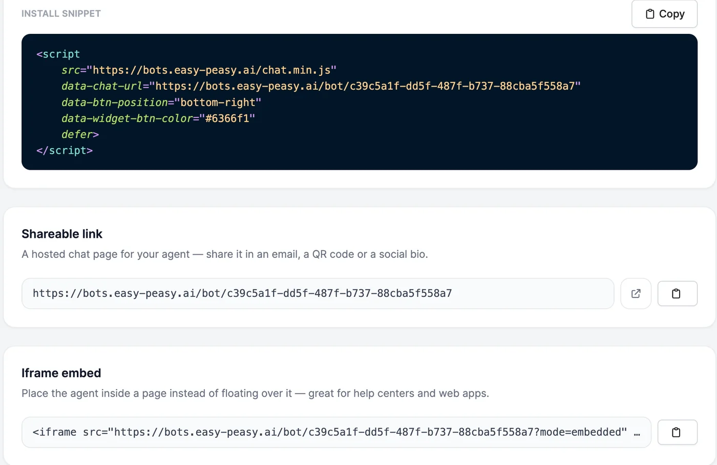 Install snippet with a Copy button, Shareable link with the agent's hosted chat URL, and Iframe embed with an iframe code