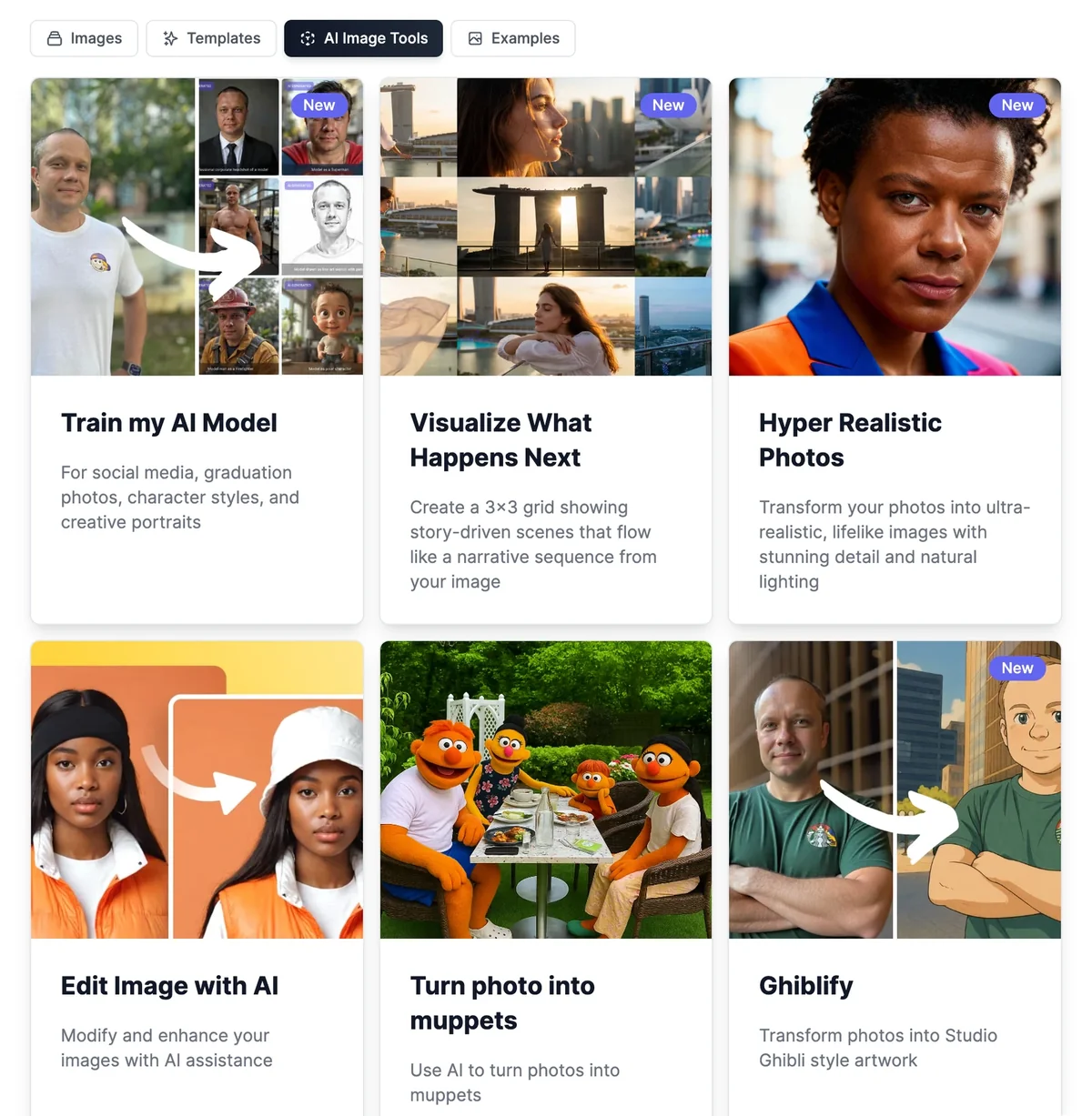 The AI Image Tools tab with cards for Train my AI Model, Visualize What Happens Next, Hyper Realistic Photos, Edit Image with AI, Turn photo into muppets, Ghiblify, and more