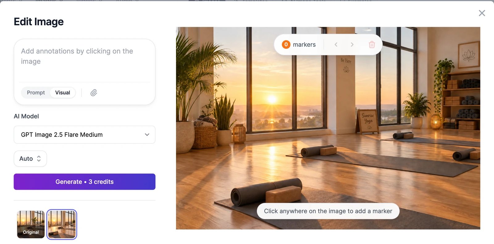 The edited yoga studio now has a wooden sign that reads Sunrise Yoga where the plant was, with the Original and the new version side by side in the version strip
