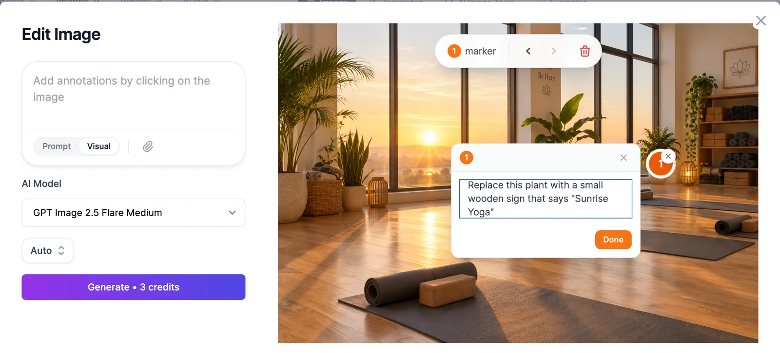 Visual mode in the Edit Image window: marker 1 on a plant by the wall, with the instruction 'Replace this plant with a small wooden sign that says Sunrise Yoga'