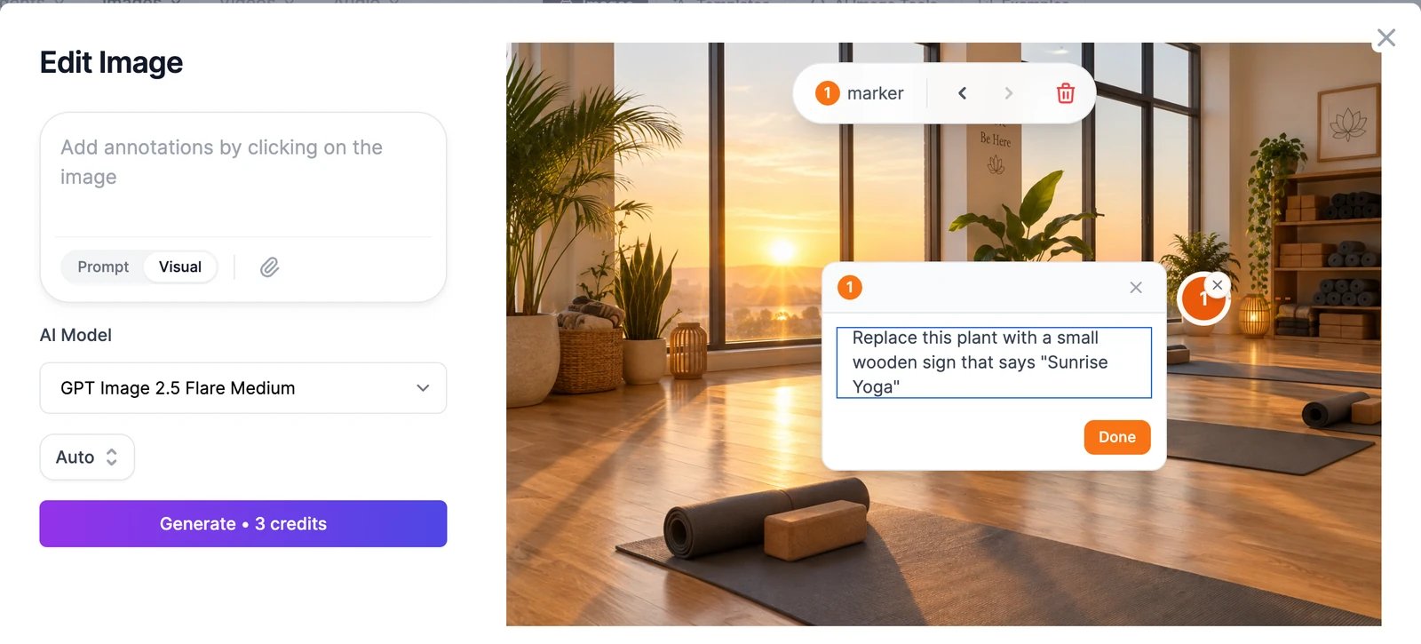 Visual mode in the Edit Image window: marker 1 on a plant by the wall, with the instruction 'Replace this plant with a small wooden sign that says Sunrise Yoga'