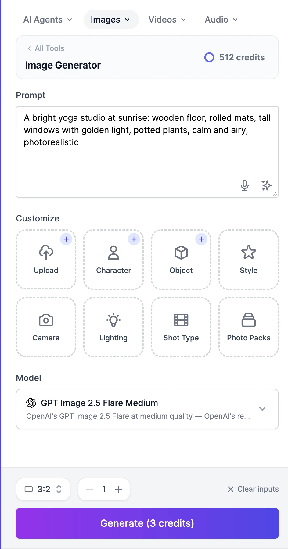 The left panel of AI Images with a prompt about a yoga studio at sunrise, the Customize buttons, the GPT Image 2.5 Flare Medium model, a 3:2 aspect ratio, and a Generate (3 credits) button