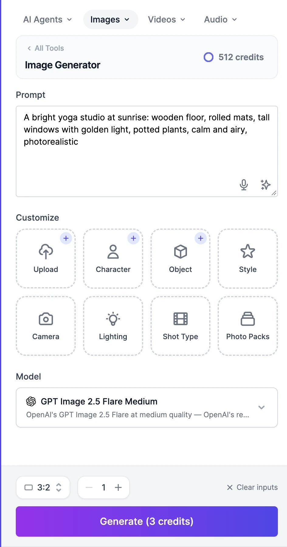The left panel of AI Images with a prompt about a yoga studio at sunrise, the Customize buttons, the GPT Image 2.5 Flare Medium model, a 3:2 aspect ratio, and a Generate (3 credits) button