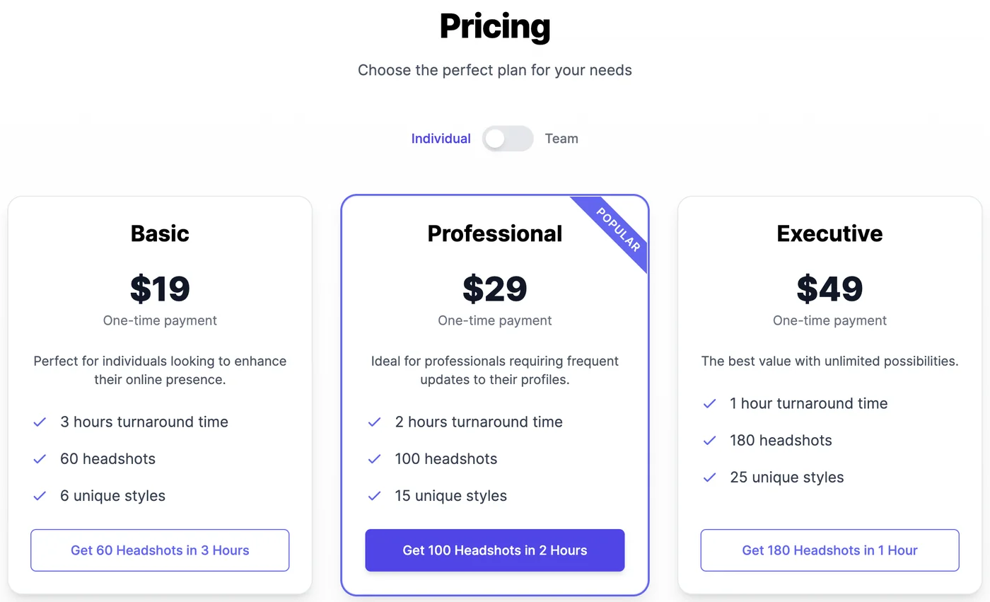 Headshot pricing with an Individual and Team switch: Basic $19 one-time payment, 3 hours turnaround time, 60 headshots, 6 unique styles; Professional $29, marked Popular, 2 hours, 100 headshots, 15 unique styles; Executive $49, 1 hour, 180 headshots, 25 unique styles