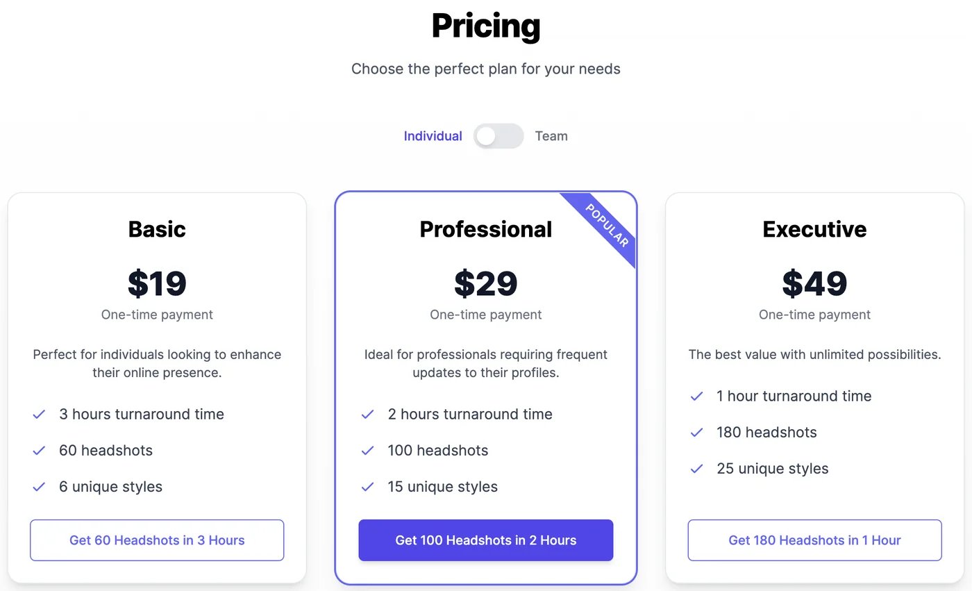Headshot pricing with an Individual and Team switch: Basic $19 one-time payment, 3 hours turnaround time, 60 headshots, 6 unique styles; Professional $29, marked Popular, 2 hours, 100 headshots, 15 unique styles; Executive $49, 1 hour, 180 headshots, 25 unique styles