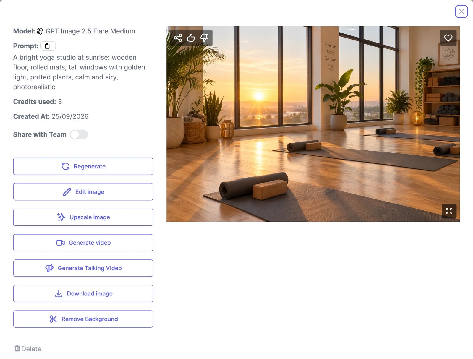 The details of an image: model GPT Image 2.5 Flare Medium, the prompt, 3 credits used, a Share with Team switch, and buttons for Regenerate, Edit image, Upscale image, Generate video, Generate Talking Video, Download image, and Remove Background