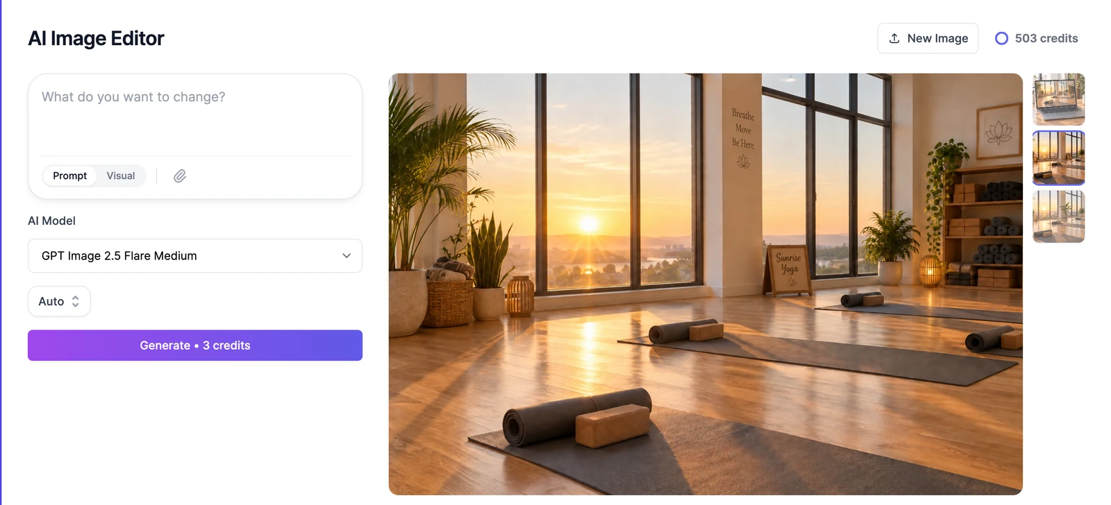 The AI Image Editor page: a box asking 'What do you want to change?', the AI Model menu set to GPT Image 2.5 Flare Medium, a Generate • 3 credits button, and a large preview of a yoga studio