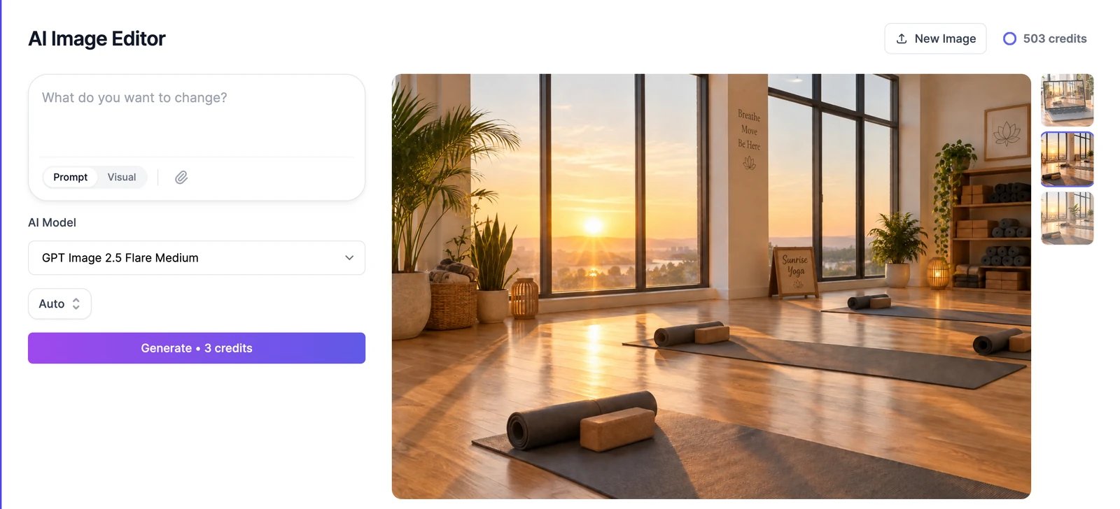 The AI Image Editor page: a box asking 'What do you want to change?', the AI Model menu set to GPT Image 2.5 Flare Medium, a Generate • 3 credits button, and a large preview of a yoga studio