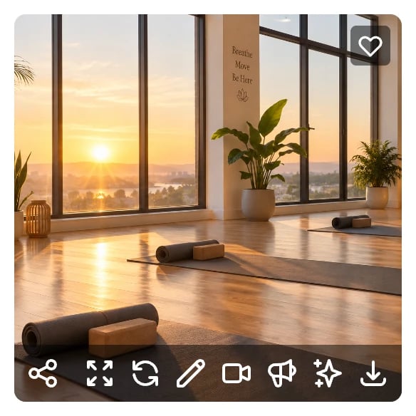 An image with its action bar: share, open, regenerate, edit, video, talking video, improve, and download, plus a heart in the corner