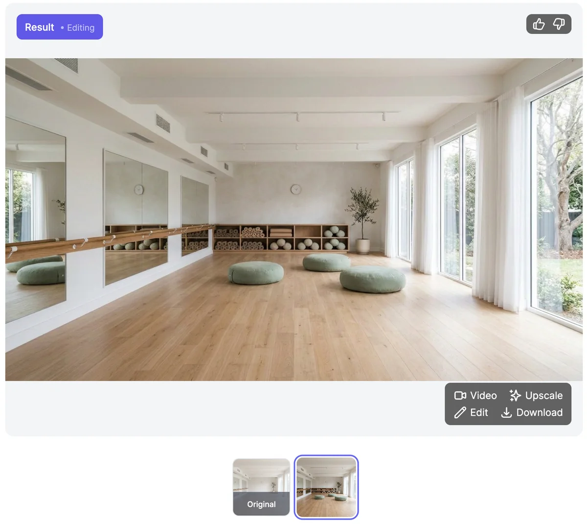 The result: the same studio with low wooden shelves of rolled mats and bolsters along the back wall and sage green floor cushions, with Video, Upscale, Edit, and Download buttons, and the Original and the result below to compare