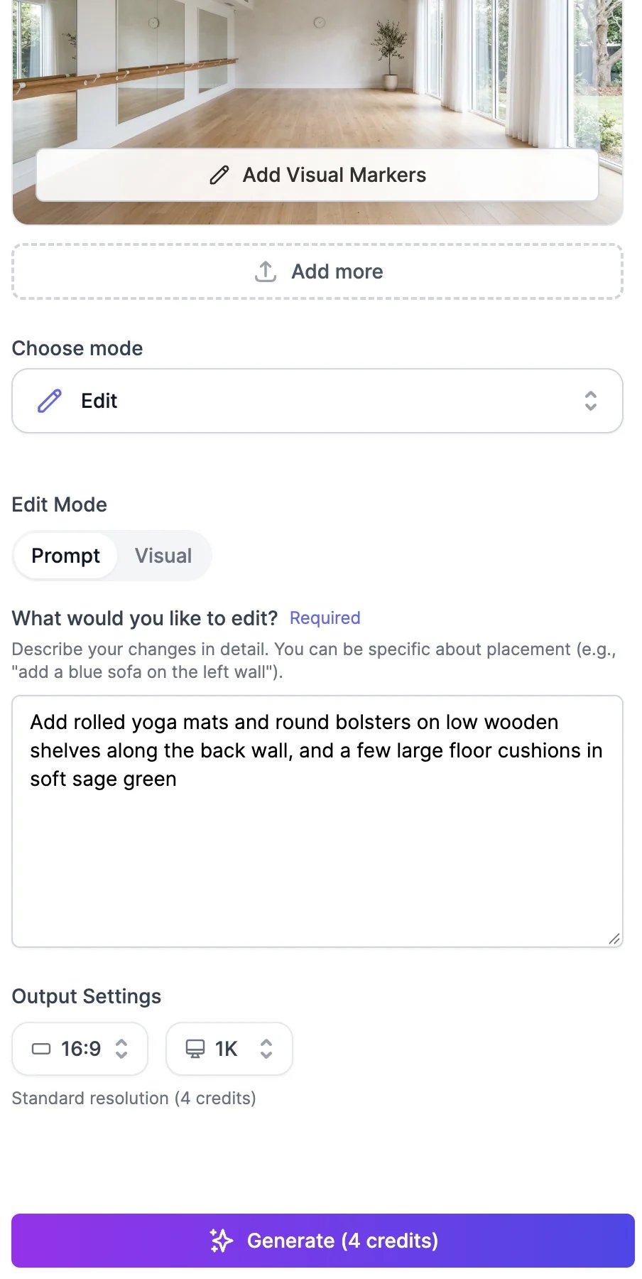 Interior Designer with a photo of an empty studio with mirrors and a barre, Add Visual Markers, Add more, mode Edit, Edit Mode Prompt, the instruction to add rolled yoga mats and round bolsters on low wooden shelves and a few sage green floor cushions, and Output Settings 16:9 and 1K