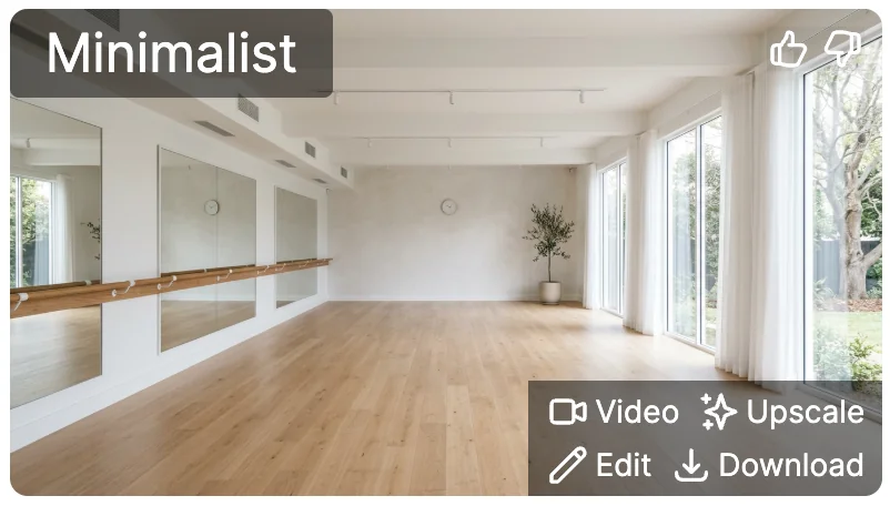 A generated minimalist Pilates and barre studio with mirrors, a wooden barre, light oak floors, and floor-to-ceiling windows, labeled Minimalist, with Video, Upscale, Edit, and Download