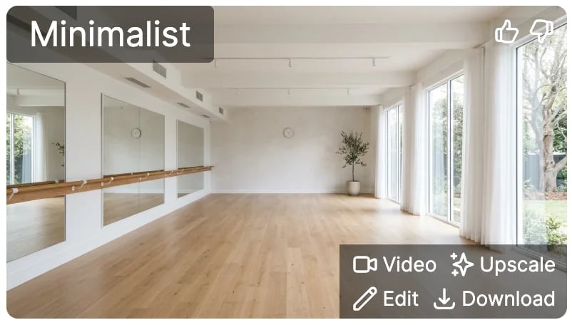 A generated minimalist Pilates and barre studio with mirrors, a wooden barre, light oak floors, and floor-to-ceiling windows, labeled Minimalist, with Video, Upscale, Edit, and Download