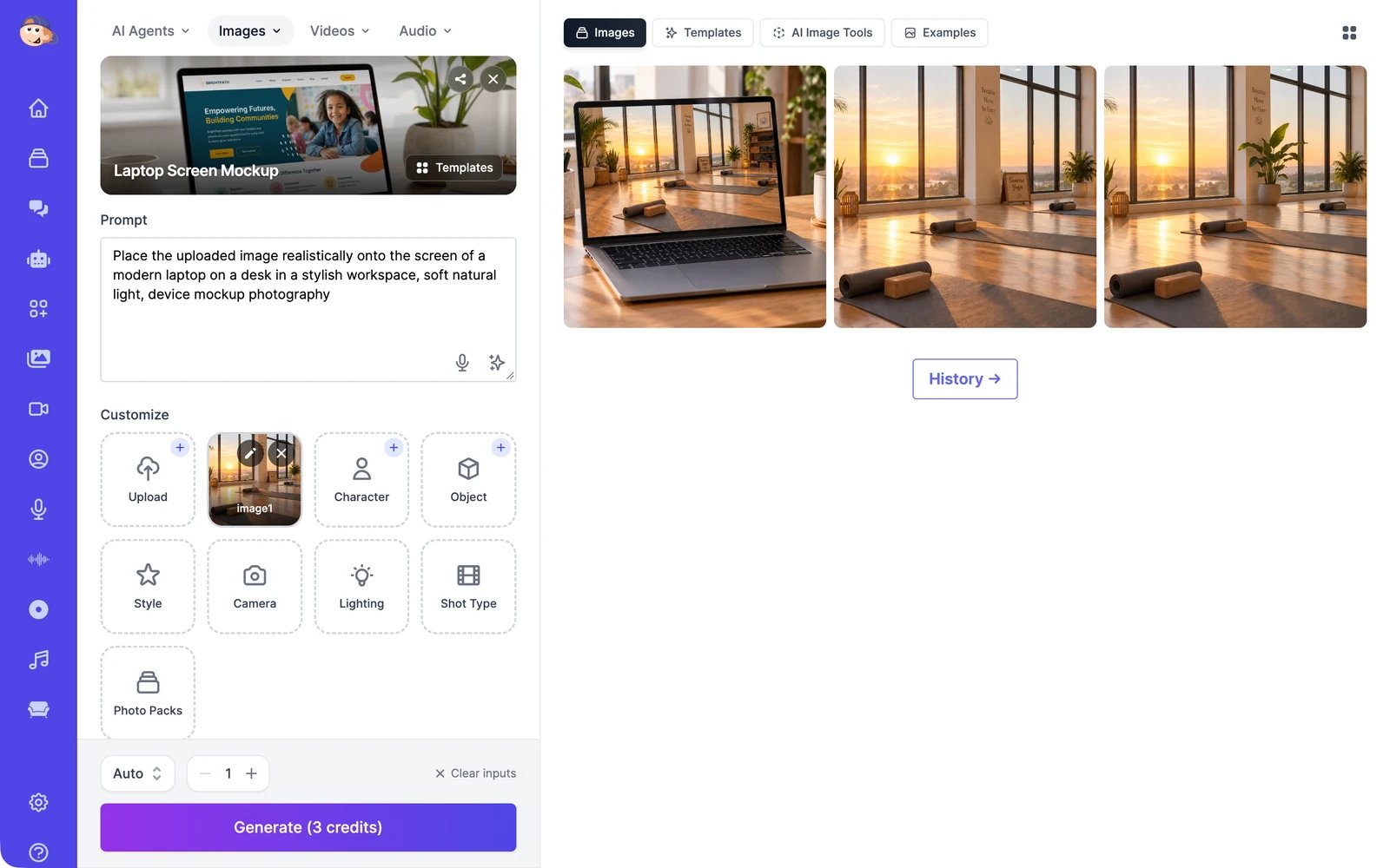 The AI Images page: the prompt, Customize options, and Generate button on the left, and three finished images on the right