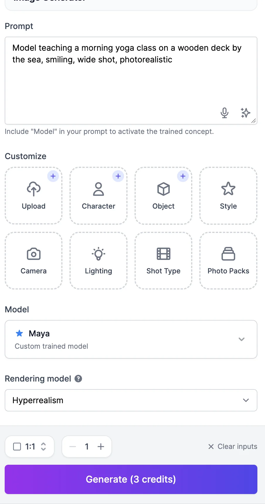The Image Generator with the prompt Model teaching a morning yoga class on a wooden deck by the sea, the Customize options, Model set to Maya, Custom trained model, Rendering model Hyperrealism, and Generate (3 credits)