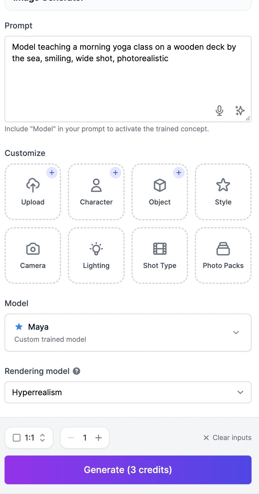 The Image Generator with the prompt Model teaching a morning yoga class on a wooden deck by the sea, the Customize options, Model set to Maya, Custom trained model, Rendering model Hyperrealism, and Generate (3 credits)