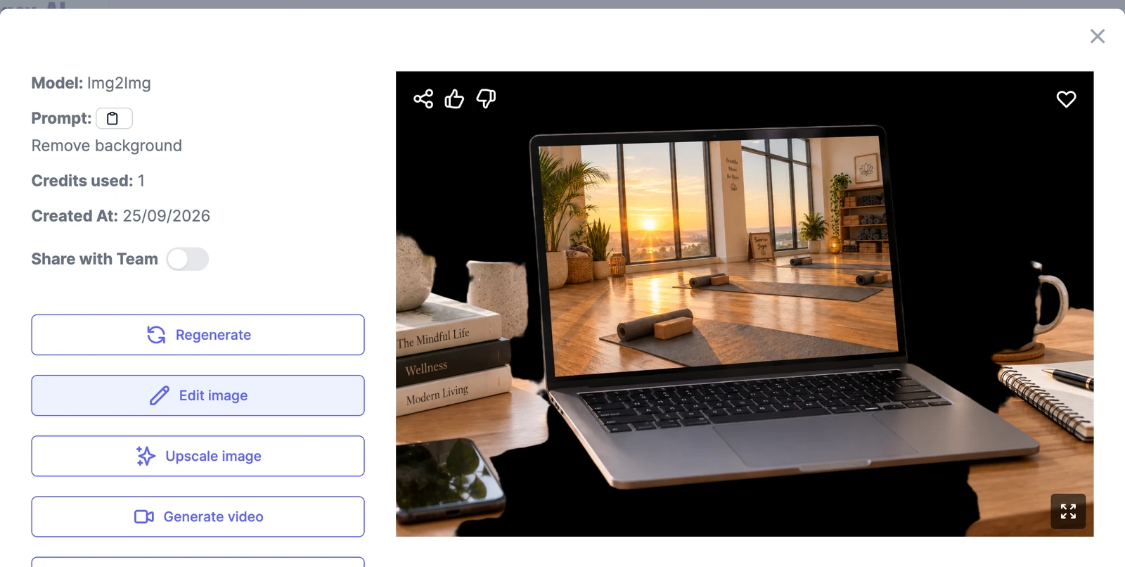 The result of Remove Background: a laptop and desk cut out onto a transparent background, shown as black, with Credits used: 1