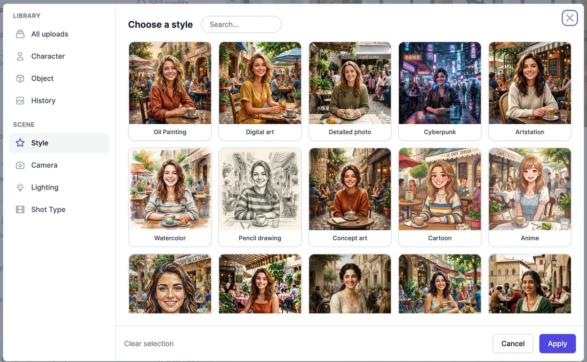 The Choose a style window with sample images for Oil Painting, Digital art, Detailed photo, Cyberpunk, Artstation, Watercolor, Pencil drawing, Concept art, Cartoon, and Anime