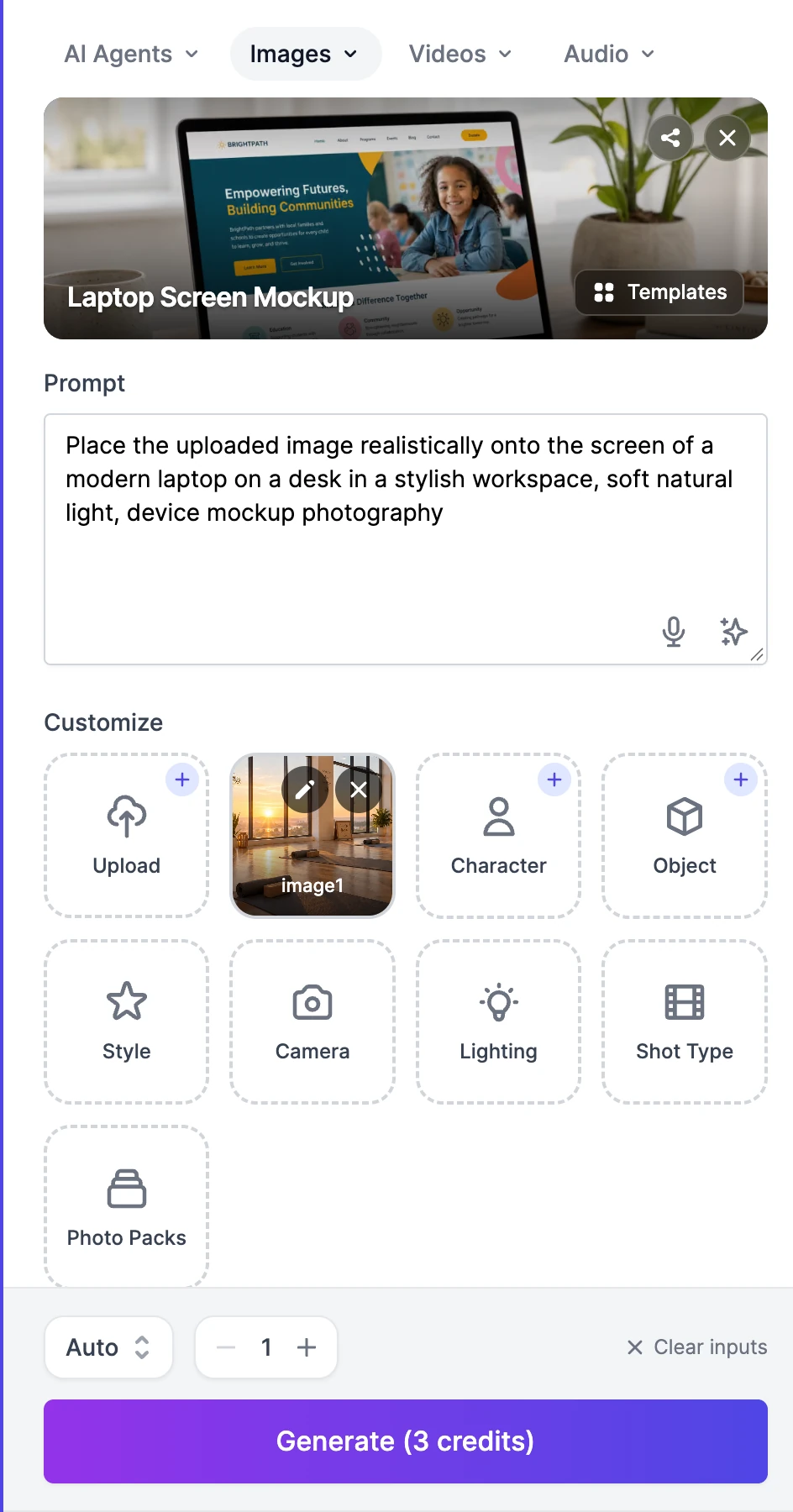 The Laptop Screen Mockup template loaded in the left panel, with its prompt, the yoga studio image added as image1 in the Customize row, and a Generate (3 credits) button
