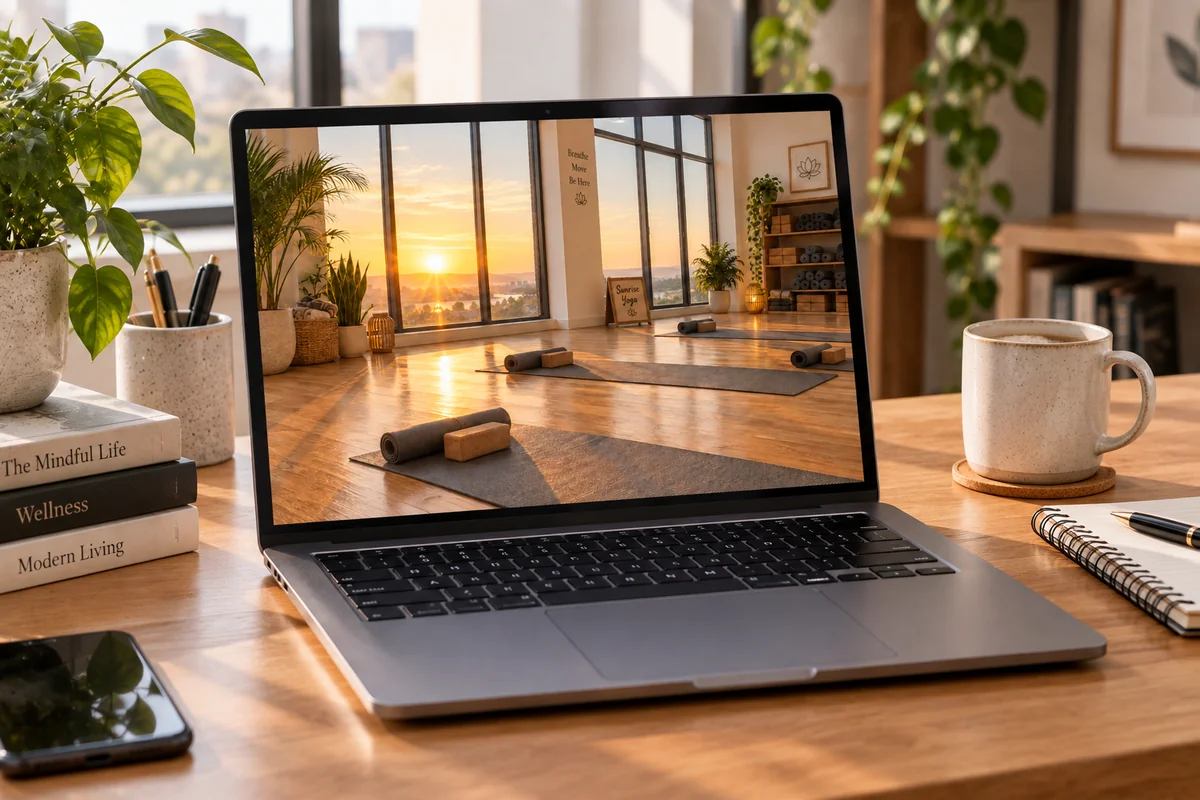 A laptop on a wooden desk showing the yoga studio image on its screen, with books, a mug, and plants around it