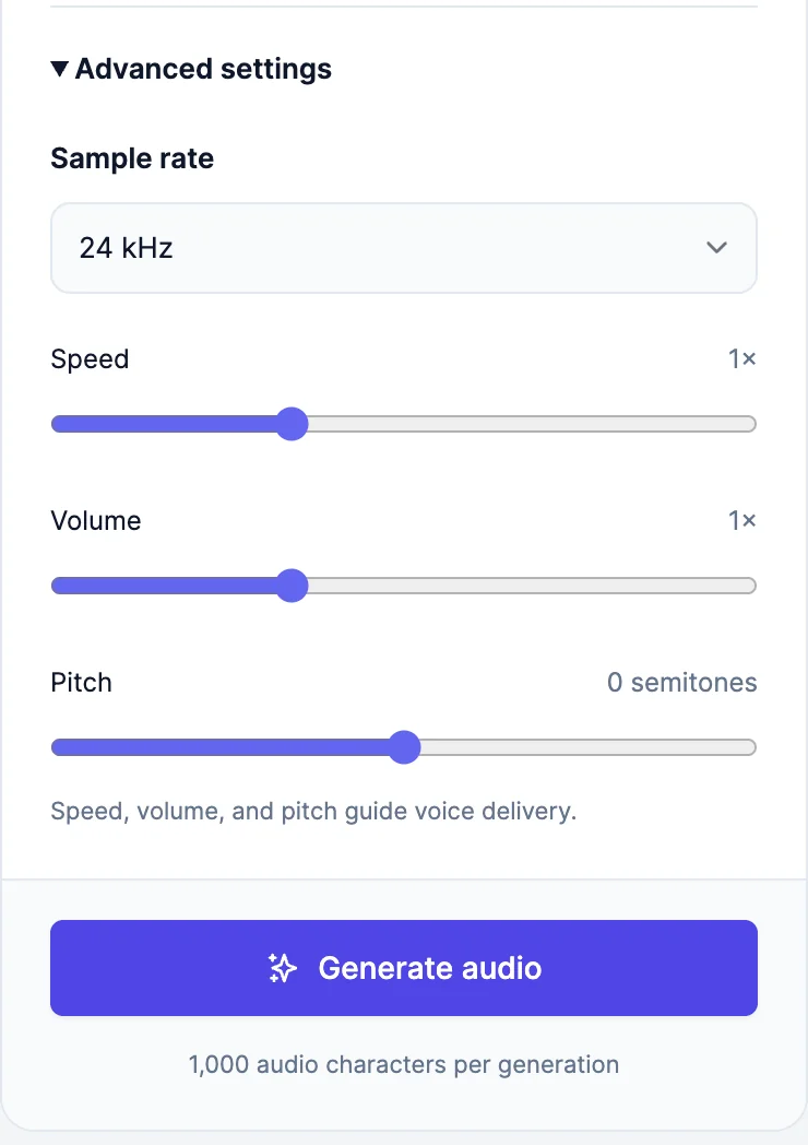 Advanced settings: Sample rate 24 kHz, Speed 1x, Volume 1x, and Pitch 0 semitones, with the Generate audio button and 1,000 audio characters per generation