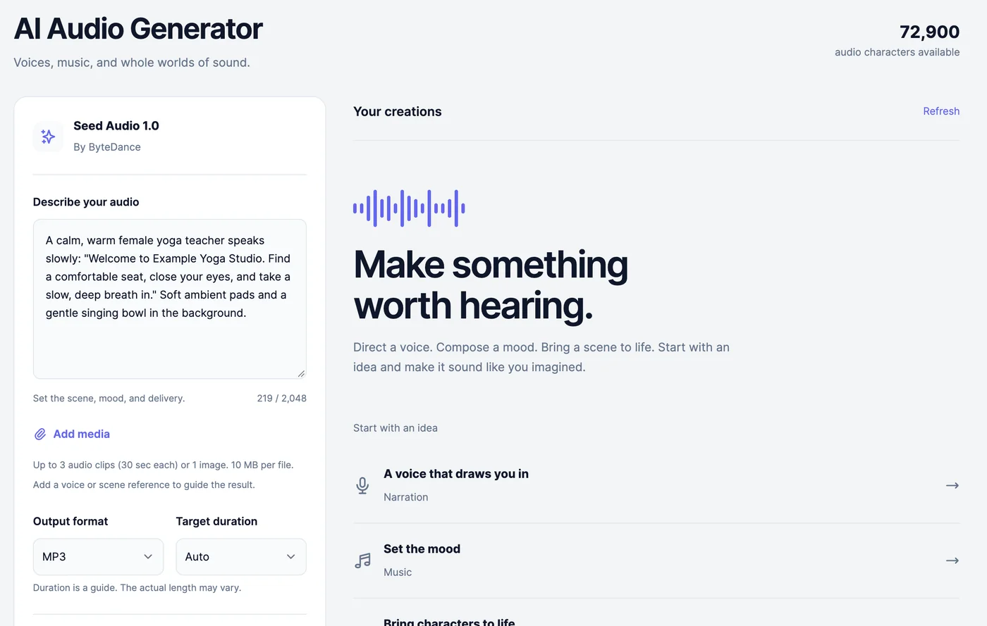 AI Audio Generator with Seed Audio 1.0 by ByteDance, a description of a calm yoga teacher saying Welcome to Example Yoga Studio over soft ambient pads and a singing bowl, Add media, Output format MP3, Target duration Auto, and Start with an idea on the right