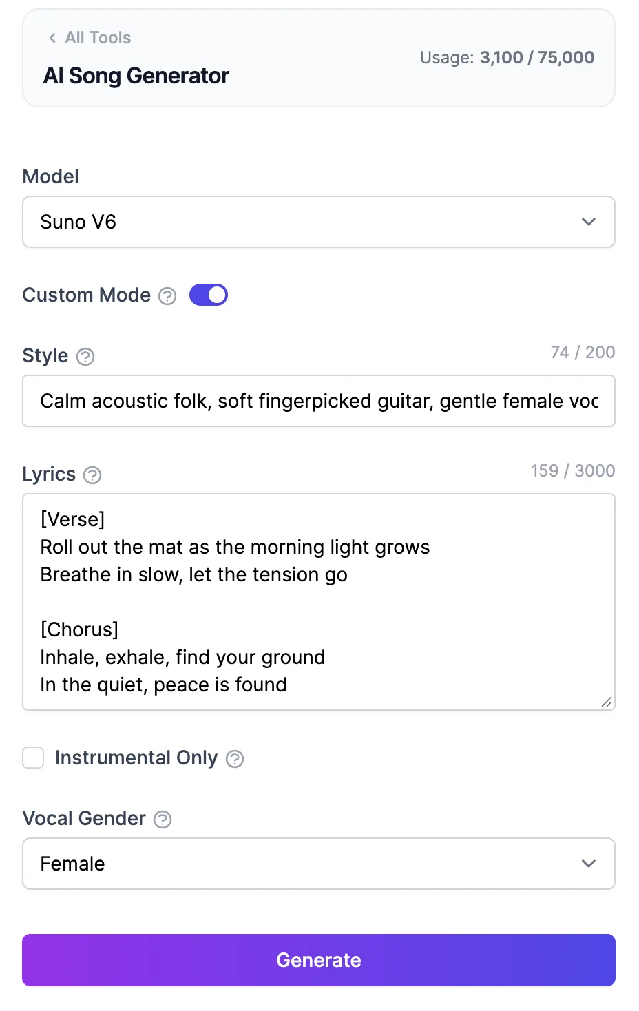 AI Song Generator with Model Suno V6, Custom Mode on, a Style of calm acoustic folk, Lyrics with a Verse and a Chorus about rolling out a yoga mat and breathing, Instrumental Only off, Vocal Gender Female, and Generate