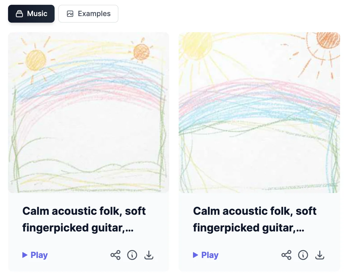 The Music tab with two generated versions of the song Calm acoustic folk, soft fingerpicked guitar, each with crayon-drawing cover art and Play, Share, Details, and Download buttons